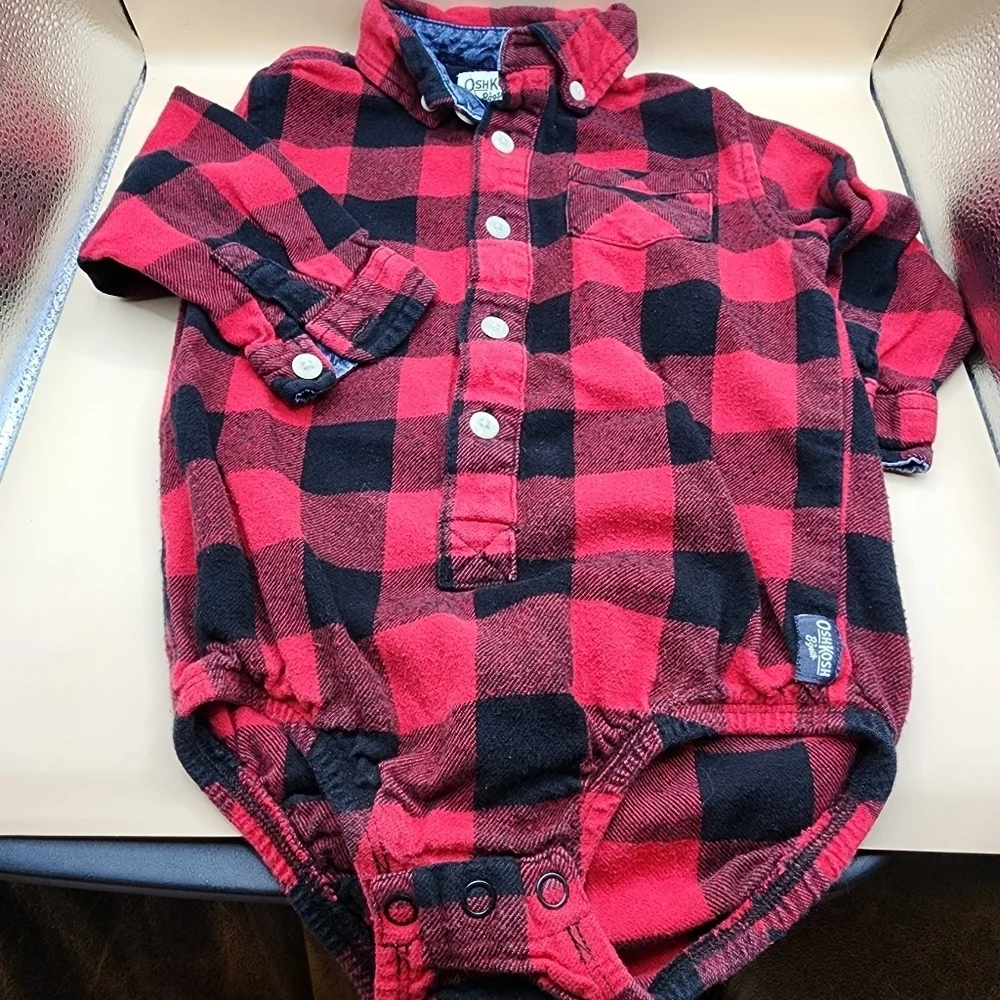 OshKosh Baby 24 Months One Piece Body Suit Red Black Plaid Long Sleeve